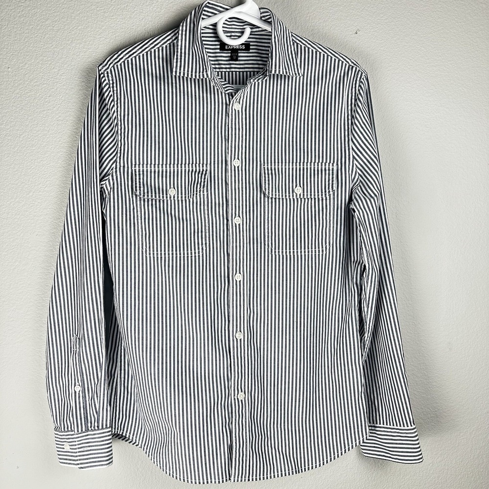 Express Button‎ Down Shirt Women's XS Gray White Striped Workwear